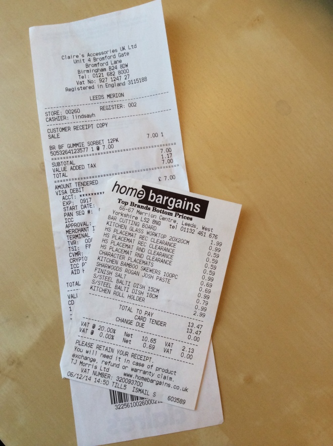 Home Bargins and Claire's Accessorises Receipts 